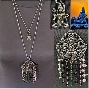 Dancing Shiva Handmade 2-Layer Boho Hindu Silver Necklace Rainbow Chakra Stones